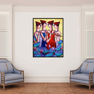 In-situ view of Sekhar Roy's 'My Friends (The Flute Players)' painting in a room