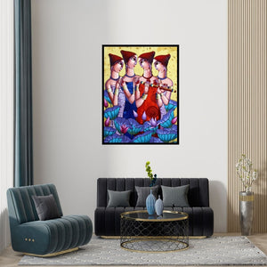 Preview of 'My Friends (The Flute Players)' Painting by Sekhar Roy shown on a wall in a furnished room.