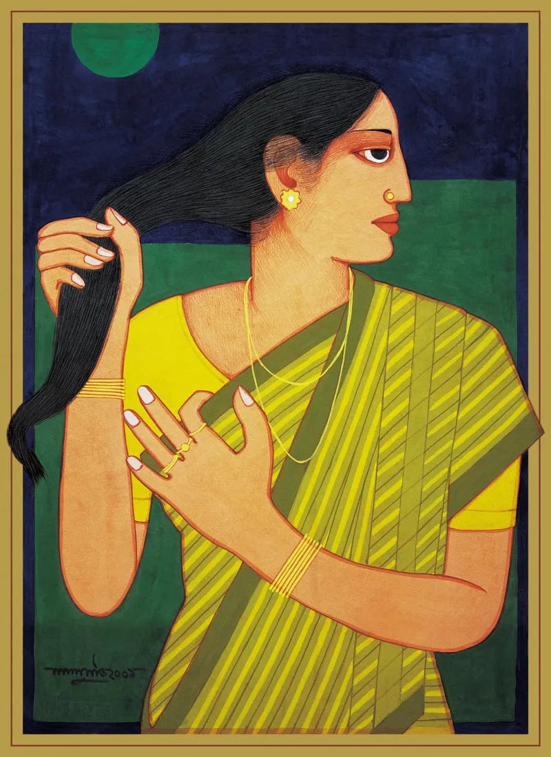 Figurative serigraphs painting titled 'My Hair Lalu', 30x22 inch, by artist Lalu Prasad Shaw on Paper
