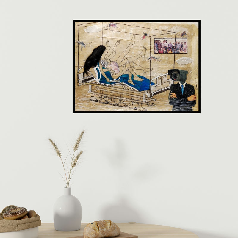 In-situ view of Dasarath Das's 'My Home (Surveillance and Confinement)' painting in a room