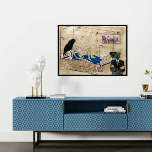 Preview of 'My Home (Surveillance and Confinement)' Painting by Dasarath Das shown on a wall in a furnished room.