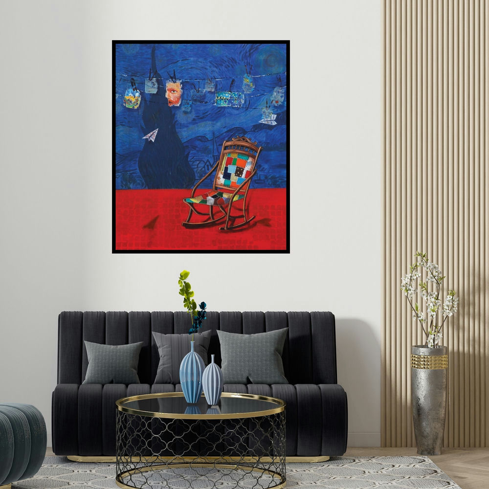 'My Ideol (The Starry Night Chair)' painting by Isha Bawiskar shown on a wall in a furnished room.