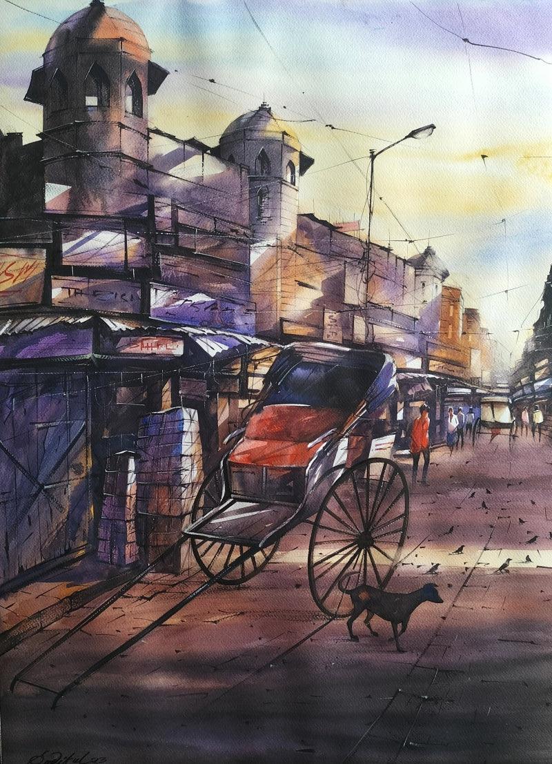 Cityscape watercolor painting titled 'My Kolkata 6', 30x22 inches, by artist Sadikul Islam on Paper