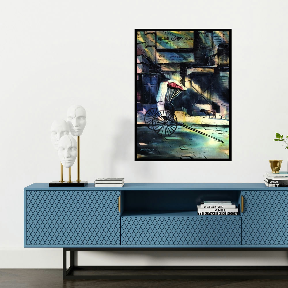 'My Kolkata (A Glimpse of the Past**)' painting by Sadikul Islam shown on a wall in a furnished room.