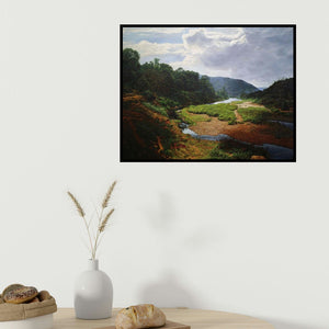 Sanjay Sarfare's 'My Konkan' painting visualized above a sofa in a contemporary room.