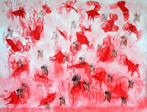 My Soul Is Burning (Crimson Tide) by Raj Kumar Mazinder, Original Mixed Media Figurative Painting on Paper, X-Large Horizontal Wall Art