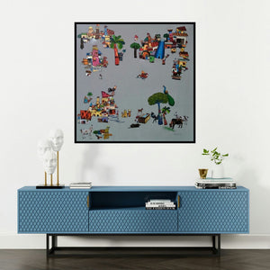 'My Village 1 (Worlds Apart)' painting by Manjunath Wali shown on a wall in a furnished room.