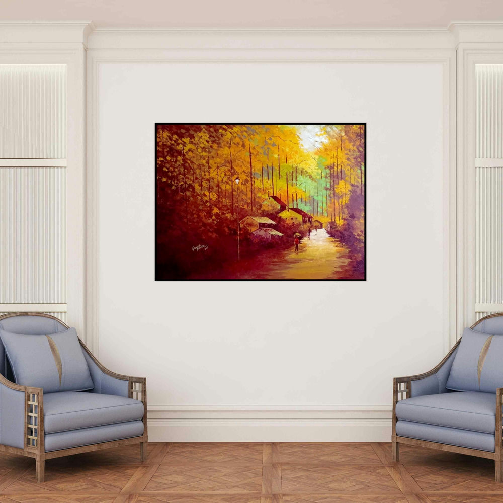 'My Village 2' painting by Ganesh Panda shown on a wall in a furnished room.