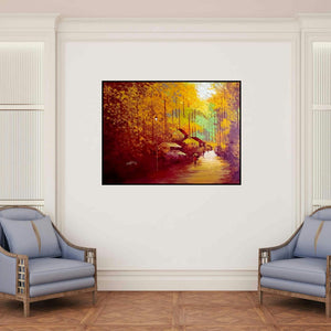 'My Village 2' painting by Ganesh Panda shown on a wall in a furnished room.