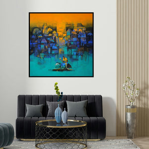 Sachin Akalekar's 'My Village' painting visualized above a sofa in a contemporary room.