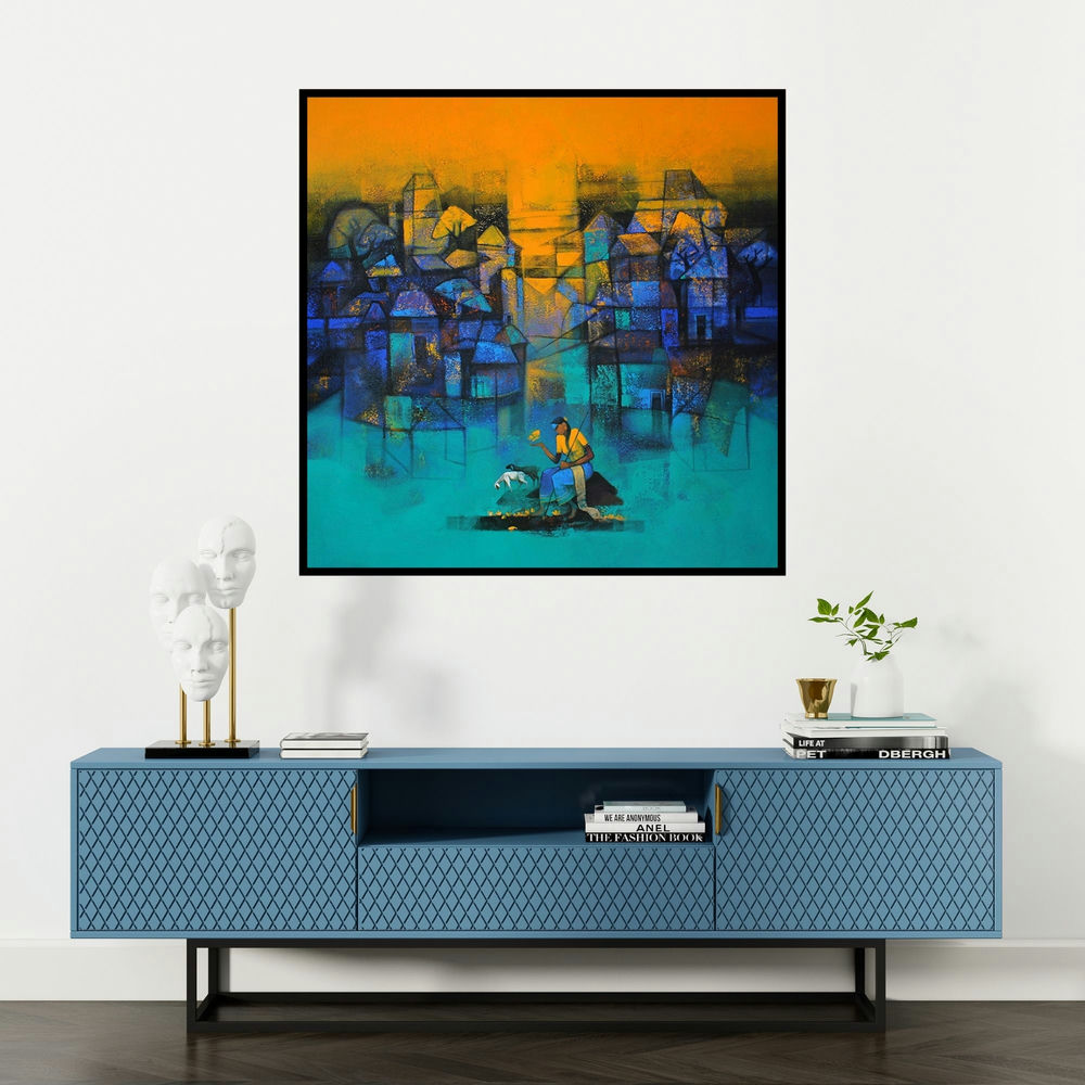 'My Village' painting by Sachin Akalekar shown on a wall in a furnished room.