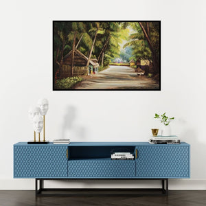 Preview of 'My Village (Rural Idyll)' Painting by Sriram Chinnadurai shown on a wall in a furnished room.