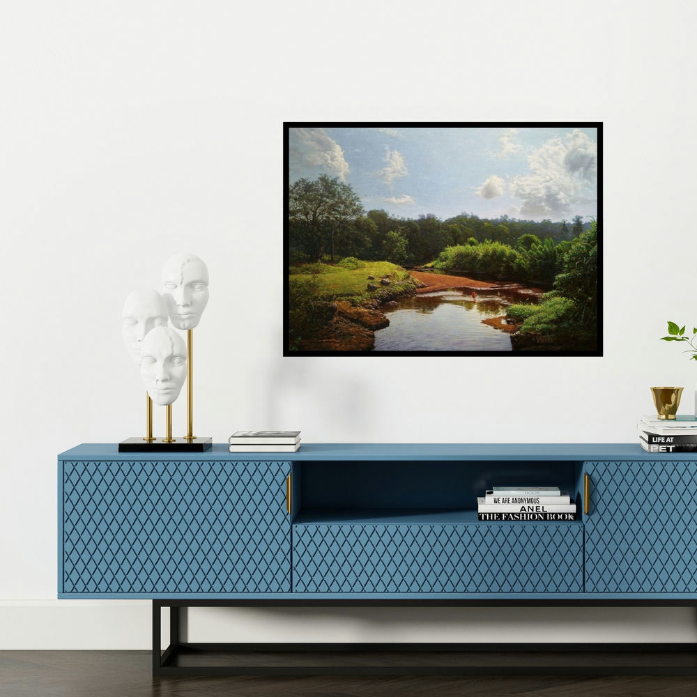 'My Village Stream 2' painting by Sanjay Sarfare shown on a wall in a furnished room.