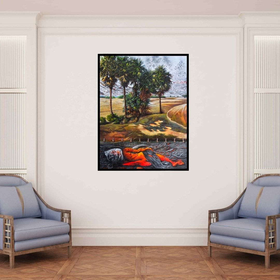 In-situ view of Goutam Das's 'Mysterious Scape (The Awakening)' painting in a room