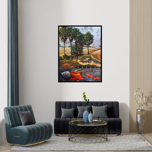 Preview of 'Mysterious Scape (The Awakening)' Painting by Goutam Das shown on a wall in a furnished room.
