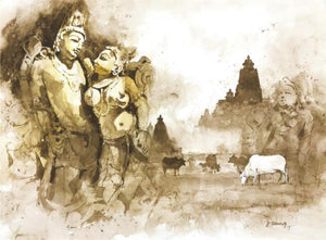 Mystic Love (Eternal Embrace) by Kudalayya Hiremath, Original Watercolor Religious Painting on Paper, Small Horizontal Wall Art