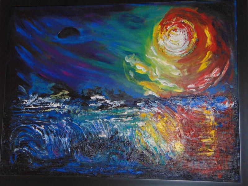 Expressionist mixed media painting titled 'Mystic Moon', 30x36 inches, by artist Purnima Gupta on Canvas Board