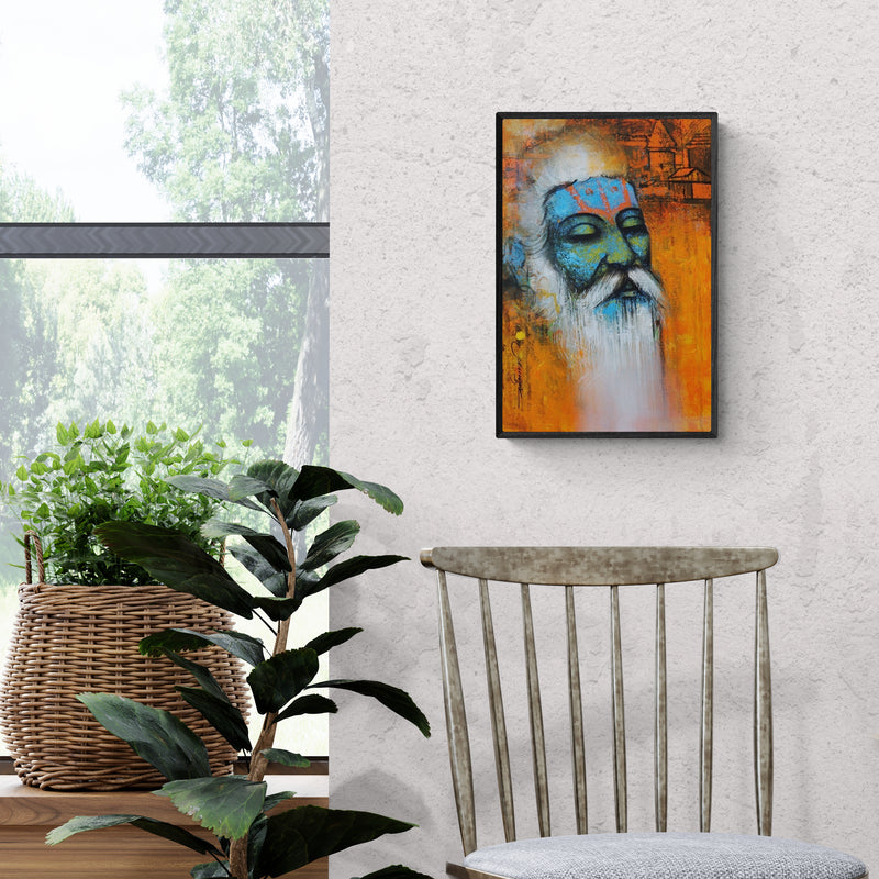 In-situ view of Somnath Bothe's 'Mystic Sadhu 1 (Serene Sadhu)' painting in a room