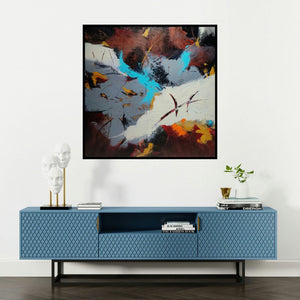 'Mystic (Midnight Bloom)' painting by Sanjay Dhawale shown on a wall in a furnished room.