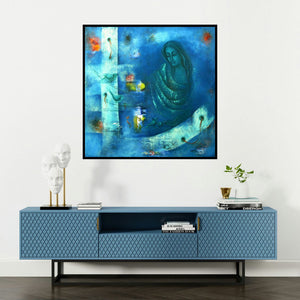'Mystic World Ii (Indigo Contemplation)' painting by Vijaya Ved shown on a wall in a furnished room.