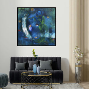 Vijaya Ved's 'Mystic World (Enchanted Realm)' painting visualized above a sofa in a contemporary room.