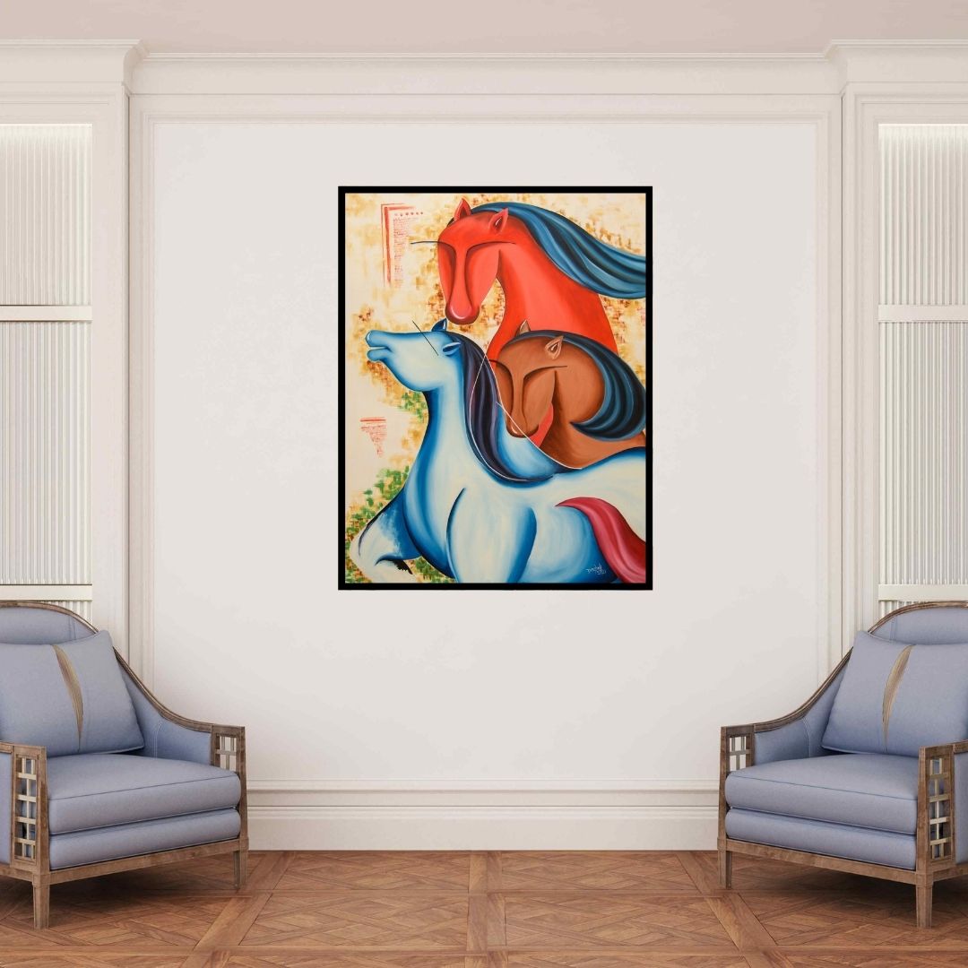 In-situ view of Deepali Mundra's 'Mythic Creatures (The Herd)' painting in a room