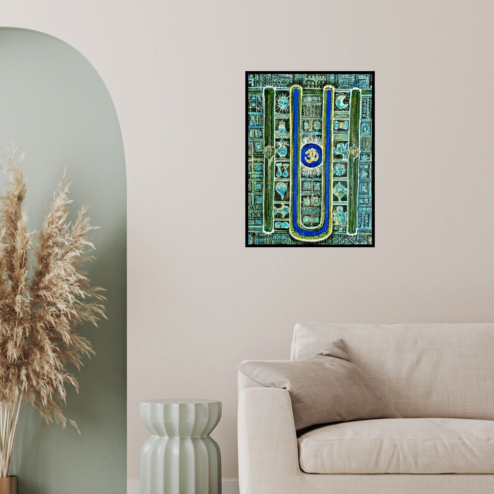 In-situ view of Madhavi Joshi's 'Naam (Sacred Symbols)' painting in a room