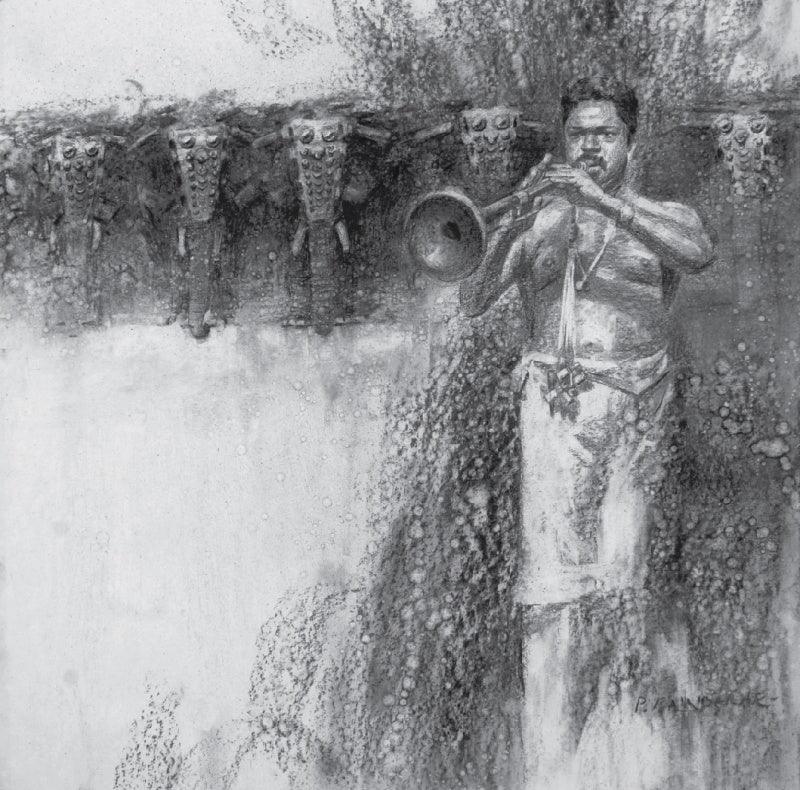 Figurative charcoal drawing titled 'Nagaswaram', 24x24 inches, by artist Pankaj Bawdekar on Paper