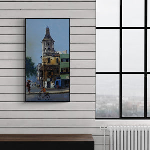 Preview of 'Nagpur Morning' Painting by Bijay Biswaal shown on a wall in a furnished room.