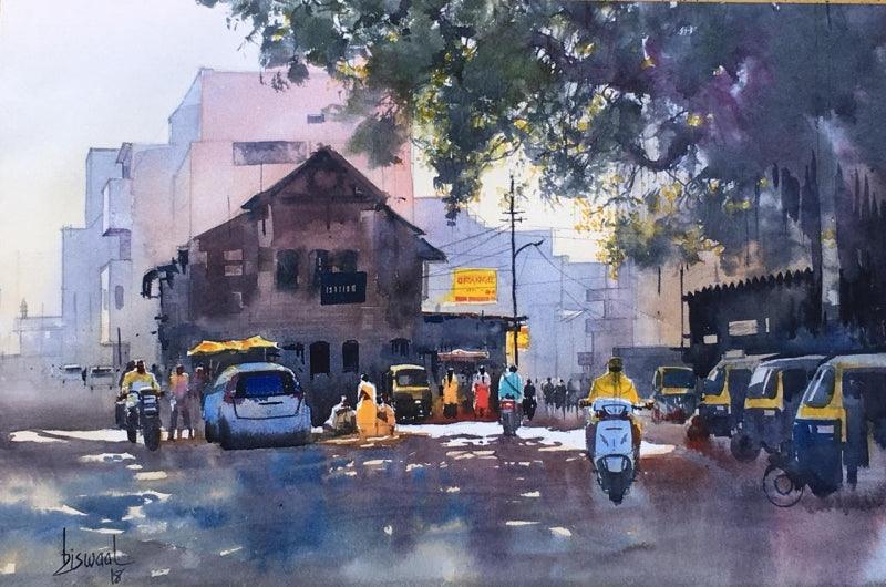 Cityscape watercolor painting titled 'Nagpur Orange', 14x22 inches, by artist Bijay Biswaal on Paper