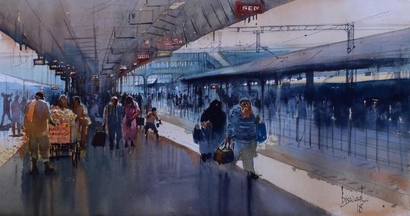 Cityscape watercolor painting titled 'Nagpur Station', 11x16 inches, by artist Bijay Biswaal on Paper