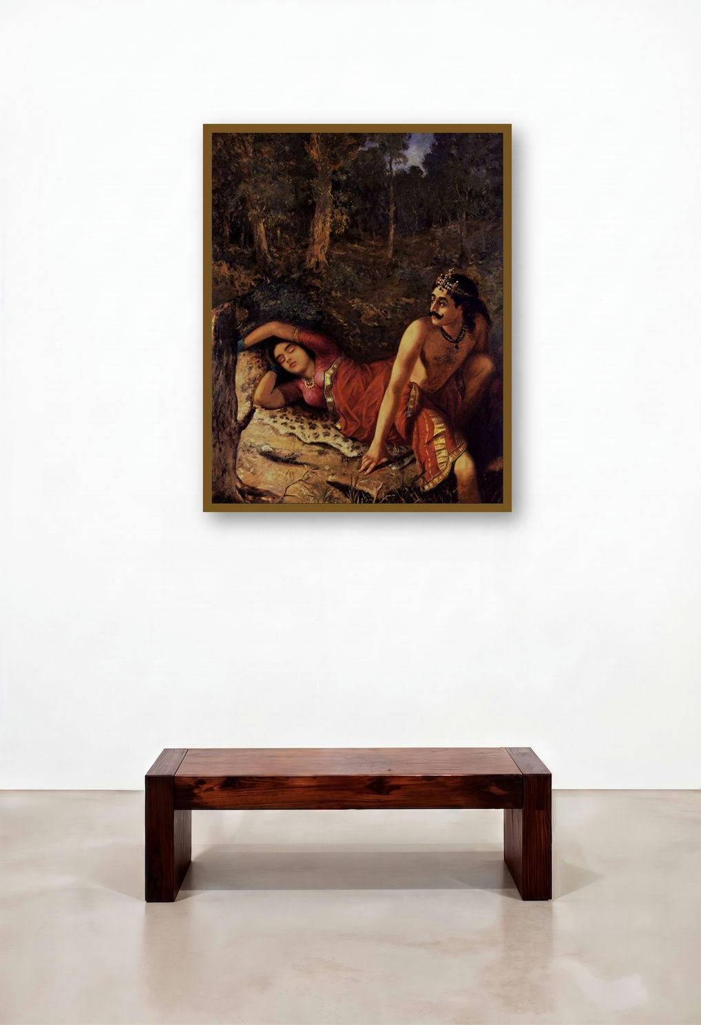 Nala And Damayanthi (A Royal Union) by artist Raja Ravi Varma displayed in a Mid-Century Modern Dining Room