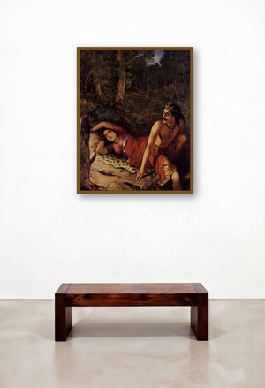 Nala And Damayanthi (A Royal Union) by artist Raja Ravi Varma displayed in a Mid-Century Modern Dining Room