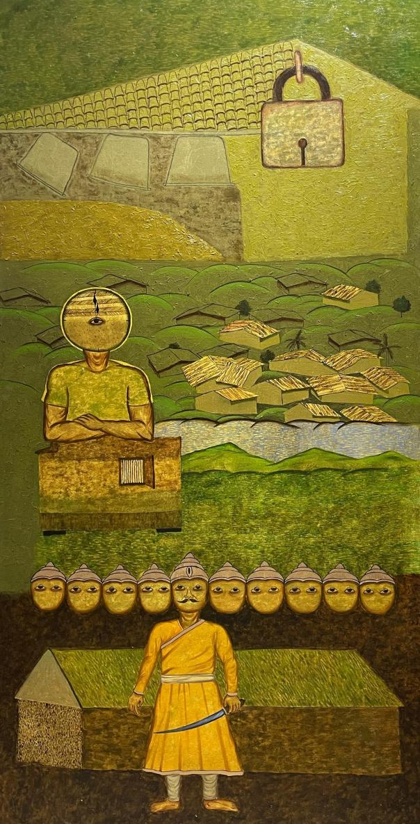 Naman 3' religious oil painting by artist Ashwin Khapare, 72x36 inch, on canvas