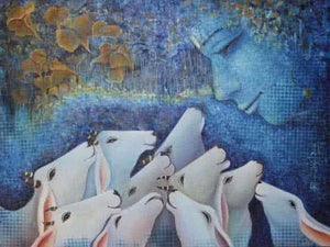 Nand Gopal (Krishna and the Cows) by Rakhi Baid, Original Acrylic Religious Painting on Canvas, Medium Horizontal Wall Art