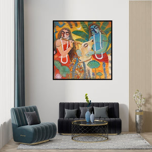 Preview of 'Nandan' Painting by Subrata Ghosh shown on a wall in a furnished room.
