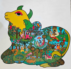 Nandi 1' religious acrylic-ink painting by artist Rangoli Garg, 20x20 inch, on canvas