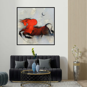 Amol Pawar's 'Nandi' painting visualized above a sofa in a contemporary room.