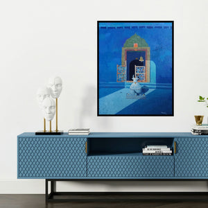 'Nandi (Peaceful Sanctuary)' painting by Mansing Jadhav shown on a wall in a furnished room.