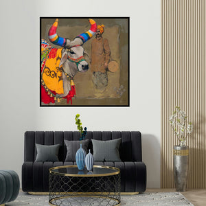 Satyajeet Varekar's 'Nandi (A Majestic Beast)' painting visualized above a sofa in a contemporary room.