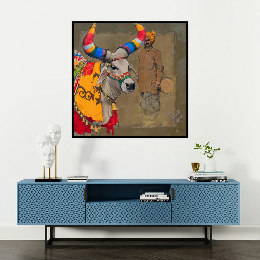 'Nandi (A Majestic Beast)' painting by Satyajeet Varekar shown on a wall in a furnished room.