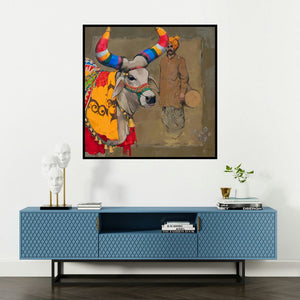 'Nandi (A Majestic Beast)' painting by Satyajeet Varekar shown on a wall in a furnished room.