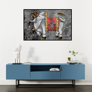 Preview of 'Nandi (Sacred Cow with Krishna)' Painting by Paras Parmar shown on a wall in a furnished room.