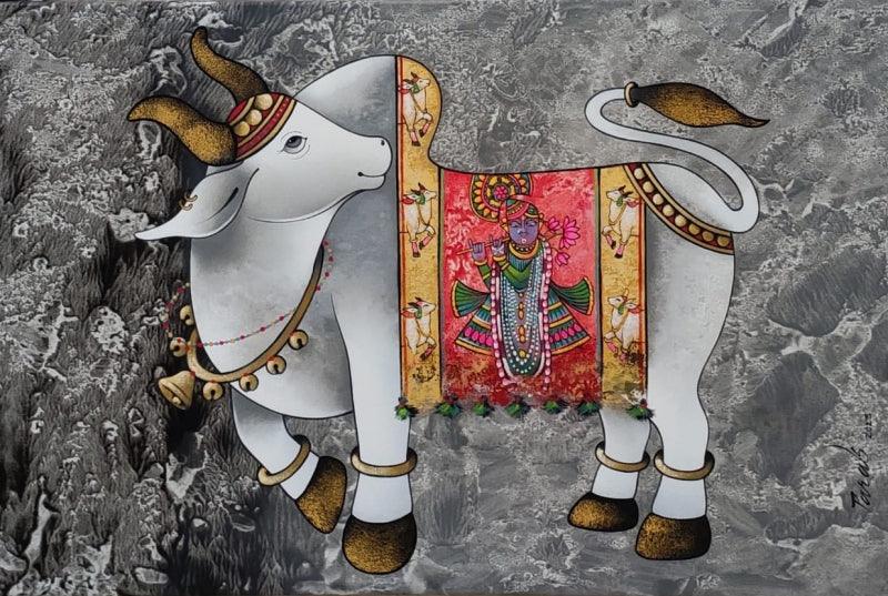 Religious acrylic painting titled 'Nandi', 24x36 inches, by artist Paras Parmar on Canvas
