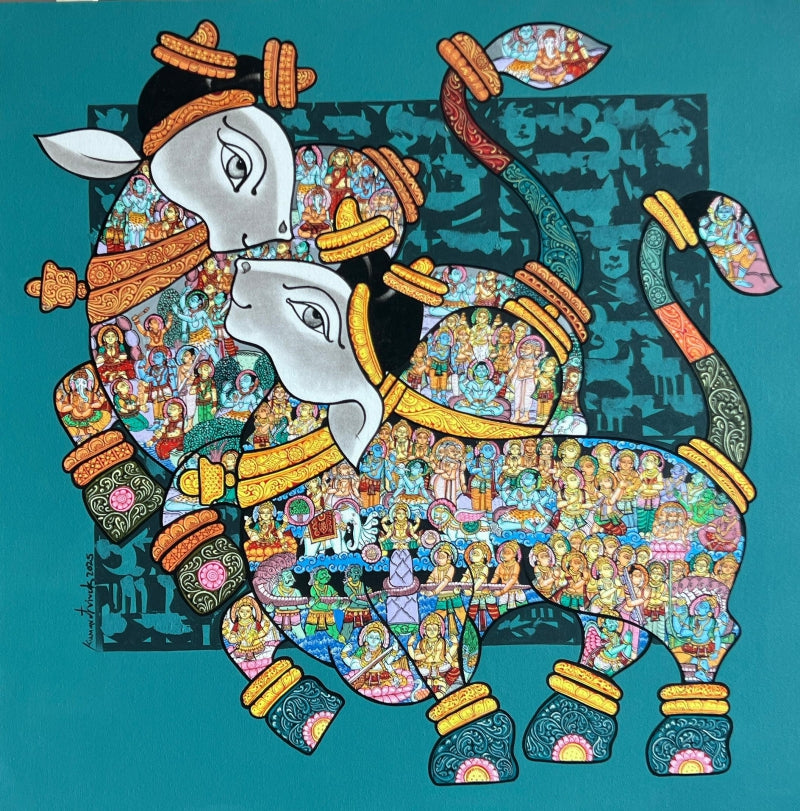 Nandi' religious acrylic painting by artist Vivek Kumavat, 36x36 inch, on canvas