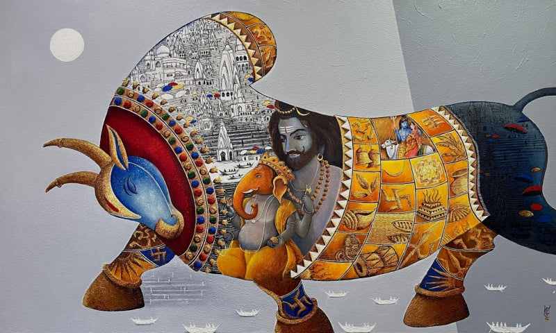 Nandi' religious acrylic painting by artist Chandrakant Tajbije, 36x60 inch, on canvas