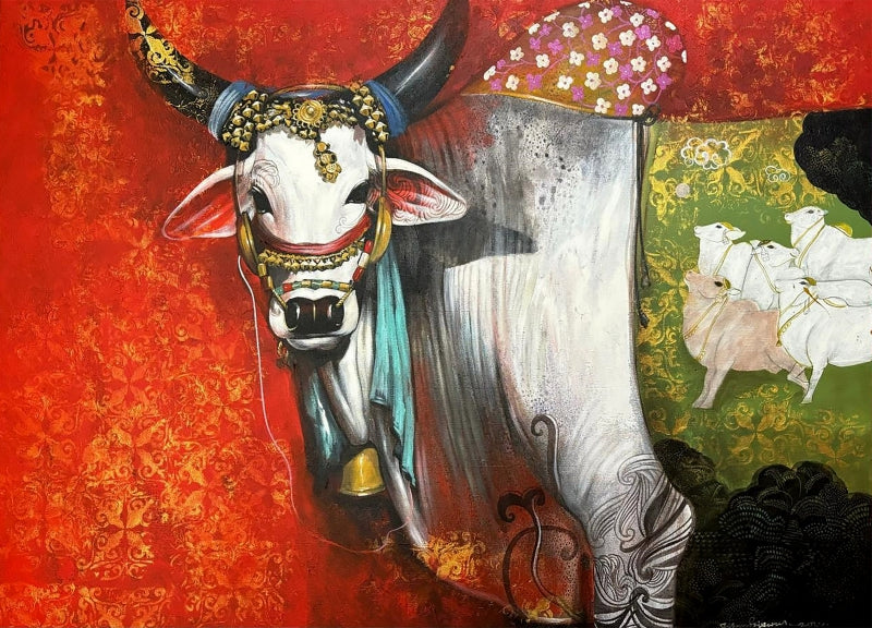 Nandi' animals acrylic painting by artist Jiban Biswas, 36x48 inch, on canvas