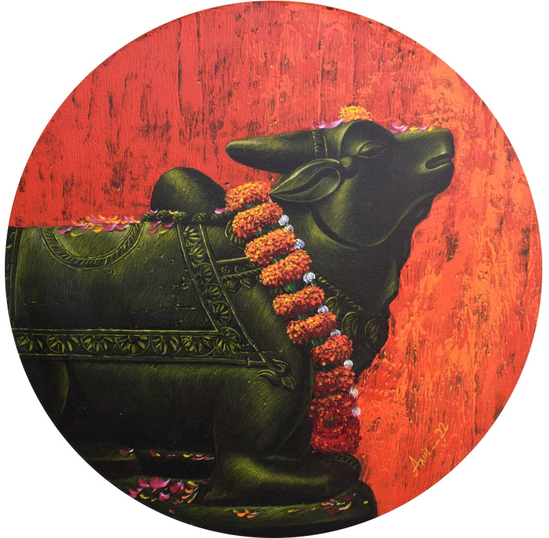 'Nandi' religious acrylic painting by artist Anil Kumar Yadav, 24x24 inch, on canvas