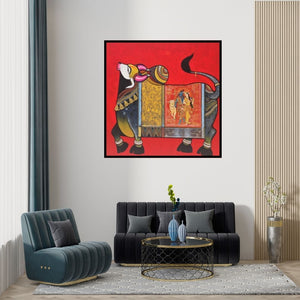Preview of 'Nandi 2 (Nandi's Divine Vision)' Painting by Ashok Rathod shown on a wall in a furnished room.