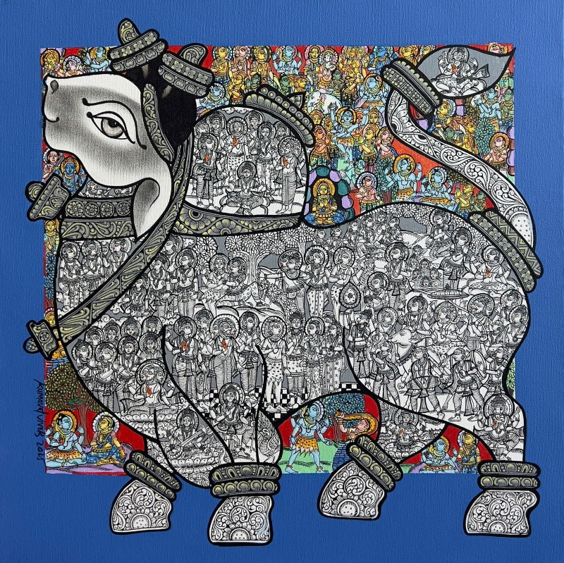 'Nandi 2' religious acrylic painting by artist Vivek Kumavat, 24x24 inch, on canvas